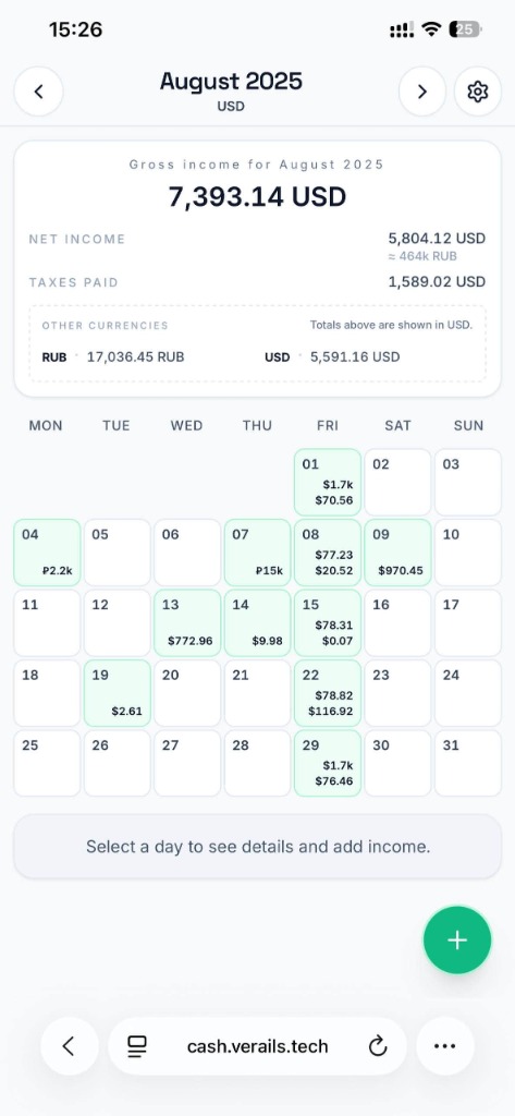 Вид календаря с ежедневными доходами